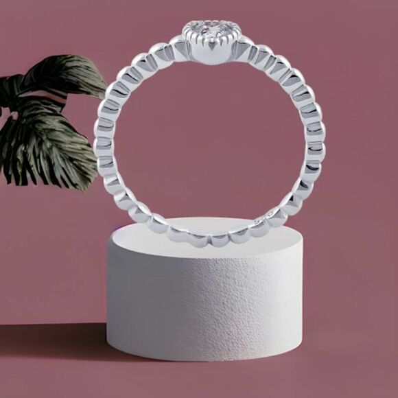 Sterling Silver Beaded Clear Heart CZ Ring 6,7 - Picture 4 of 9